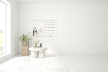 White empty room with home decor and green potted plant. Scandinavian interior design. 3D illustration