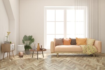 White living room with sofa. Scandinavian interior design. 3D illustration