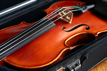 Fototapeta premium Violin music instrument of orchestra closeup
