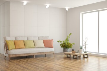 White living room with sofa. Scandinavian interior design. 3D illustration