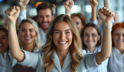 A team of happy people raising their fists in the air with smiles