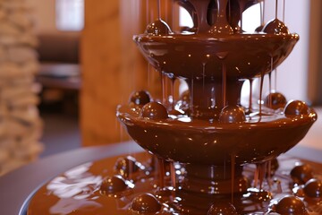 a high-end chocolate fountain, cascading velvety chocolate in a symphony of delicious decadence, captured in 16k ultra HD perfection. - obrazy, fototapety, plakaty