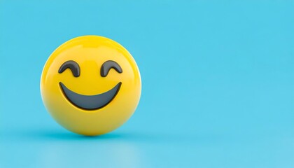A cheerful yellow smiley face emoji with a beaming smile, set against a calming blue background.