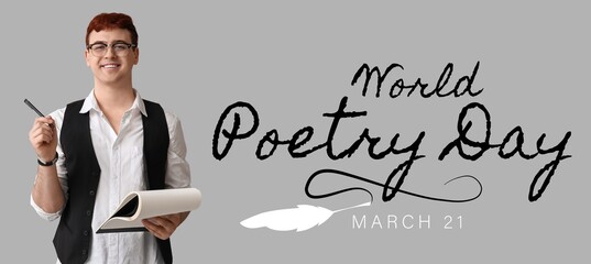 Banner for World Poetry Day with young writer holding notebook