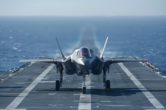 Minimalist F-35 jet preparing for takeoff on an aircraft carrier