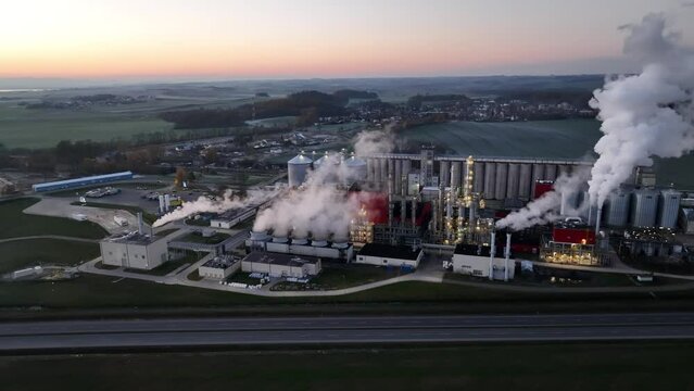 Aerial drone view of methanol and ethanol factory. Polish producer of bioethanol and ethanol produced from corn grain. The production plant is located near Nysa in Poland. Methanol and ethanol plant. 