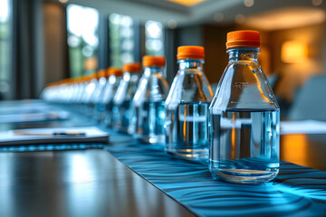 Conference table setup with bottled water and documents. Indoor photography with corporate meeting and event concept. Design for brochure, business seminar background - obrazy, fototapety, plakaty