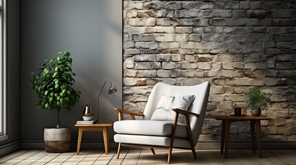 Minimalist interior with one white chair and a small table near the window against a textured gray brick wall, copy space. Generative AI