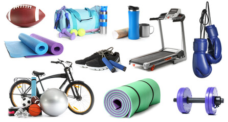 Group of sports equipment on white background