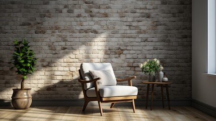Minimalist interior with one white chair and a small table near the window against a textured gray...