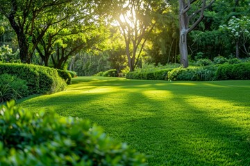A lush green lawn is surrounded by various trees and bushes in a natural outdoor setting.