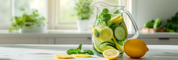 Pitcher of cucumber lemon water on kitchen counter. Summer drink concept. Vacation and travel. Design for banner, invitation with copy space.  - obrazy, fototapety, plakaty