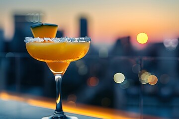 Mango margarita at city rooftop bar. Summer drink concept. Vacation and travel. Design for banner, invitation with copy space.  - obrazy, fototapety, plakaty