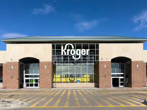 Kroger grocery store front entrance and logo. The Kroger Company is an American supermarket chain.