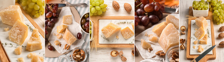 Collage of parmesan cheese with sweet gpares and walnuts on light table