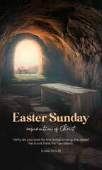 Easter Sunday. Resurrection of Jesus Christ in Holy Week. He has risen. Empty tomb	
