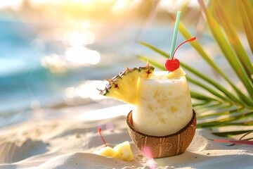 Pina colada in coconut shell with pineapple slice. Tropical summer drink concept. Vacation and travel. Design for banner, invitation with copy space - obrazy, fototapety, plakaty
