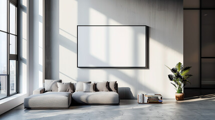 Mockup frame in Scandinavian living room interior with grey sofa