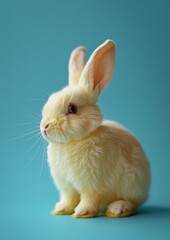 White chocolate easter bunny, isolated on blue background. Luxury chocolate, Easter holiday. Delicious milk, dark chocolate bunny.	