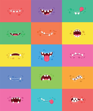 Set of 15 funny monster mouths. Crazy cartoon emoticons. Vector illustration.