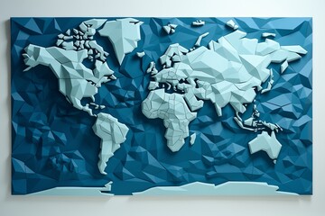A world map hanging on a wall, showcasing continents, countries, and oceans.
