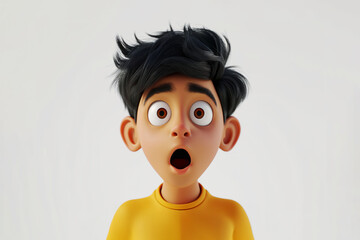 Surprised shocked scared Indian cartoon character young adult man boy teen guy person portrait in 3d style design. Human people feelings expression concept