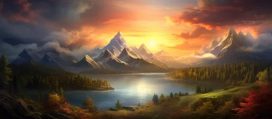 Photo sur Plexiglas Chocolat brun A natural landscape painting of a lake at sunset, with mountains in the background under a sky filled with afterglow clouds and a dusky horizon