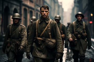 Fototapeta premium A group of soldiers in uniform walking down a city street in formation.