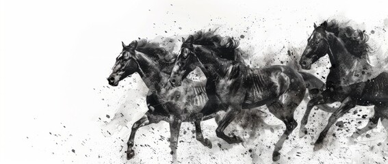 A group of powerful black horses running swiftly across a vast field, kicking up dust as they move.