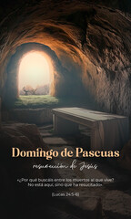 Domingo de Pascua. Resurrección de Jesucristo en Semana Santa. Él ha resucitado. Tumba vacía