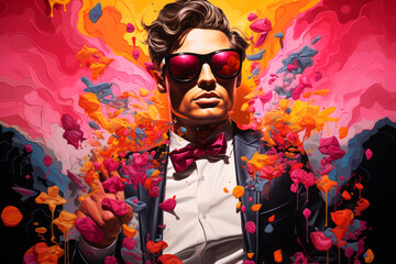 A surreal portrait of a handsome man with sunglasses amidst a vibrant explosion of floral elements. Contemporary modern trendy stylish drawing in bold hues