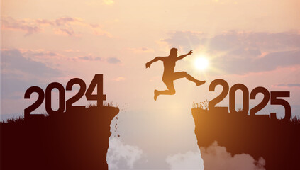 Man silhouette jumping on cliff 2025 over the precipice with stones at amazing sunset. New Year vector. Welcome 2025. 2025 falls into the abyss. Vector people entered the year 2025, creative idea.
