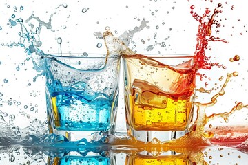 Tequila glasses making a celebratory toast Vibrant splash against a white background