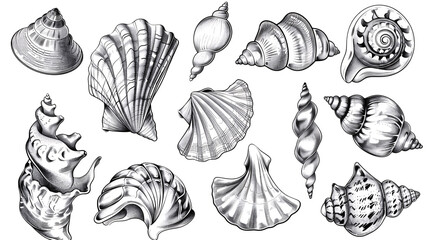 Collection of different hand-drawn shells on a transparent background, Generative AI.