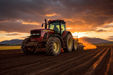 Tractor at work, with the setting sun casting a golden glow over the plowed fields and mountain backdrop
