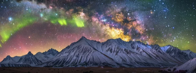 Photo sur Plexiglas Aurores boréales The night sky is filled with countless stars and vibrant aurora lights, creating a stunning celestial display.