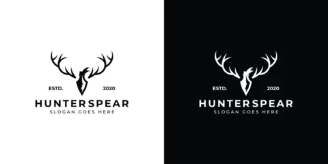 Fotobehang Creative Hunter spear Logo. Deer Antlers and Arrow Head Spear, Retro Vintage Hipster Logo Icon Symbol Vector Design Template. © oinbrand