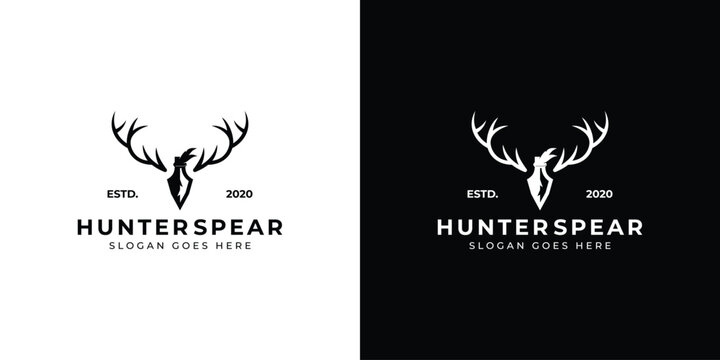 Creative Hunter spear Logo. Deer Antlers and Arrow Head Spear, Retro Vintage Hipster Logo Icon Symbol Vector Design Template.