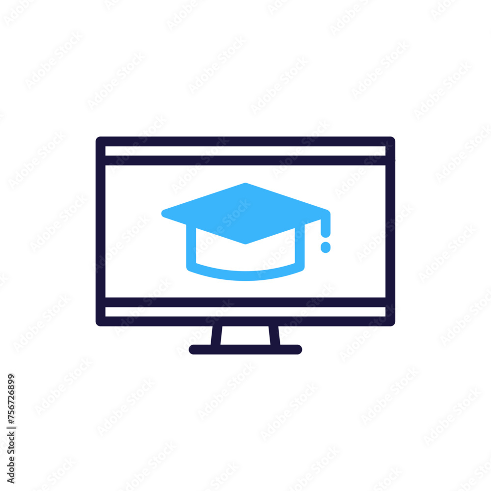 Poster online education icon with computer screen and academic hat. vector illustration symbol for e-learni