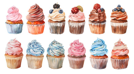 Set of watercolor cupcakes isolated on transparent background. Sweet chocolate, berry and vanilla muffins with cream. Design for cafe, menu, bakery