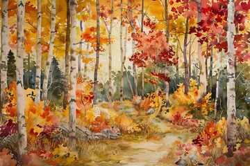 Autumn forest scene rendered in watercolor Featuring a tapestry of vibrant fall foliage and serene nature Encapsulating the beauty of the season