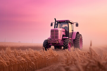 Pink tractor stands ready in the golden barley field, symbolizing the blend of tradition and whimsy in agriculture