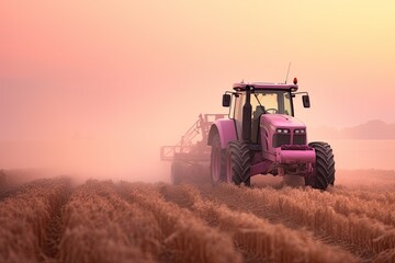 Amidst the soft twilight, a pink tractor gracefully navigates the golden barley fields, painting a scene of serene beauty and tireless dedication