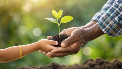 Hand of elderly man giving young plant to child's hand on green natural background. Ecology, environment protection for new generation