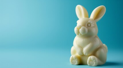 White chocolate easter bunny, isolated on blue background. Luxury chocolate, Easter holiday. Delicious milk, dark chocolate bunny.	
