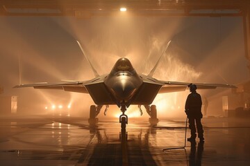 Maintenance crew at work on an F-22 fighter jet in a hangar
