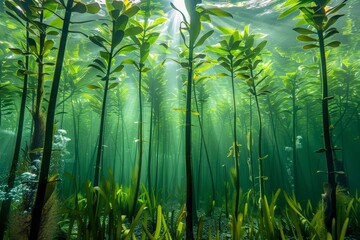Numerous plants growing underwater.
