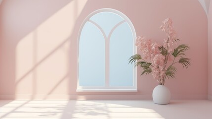 Empty room with pink walls and big arc window dropping soft shadow on floor, ceramic vase with blooming flower. Modern home interior design