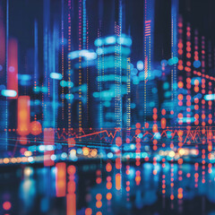 Abstract image of a futuristic cityscape overlaid with financial data, graphs, and digital elements representing data analysis