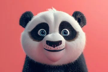 Schilderijen op glas a whimsical cartoon panda against a soft pink background, with charming details in fur and a captivating gaze, immersing viewers in a delightful 16k cinematic experience. © Ghouri